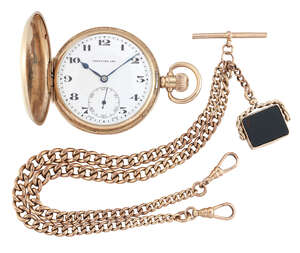 
	
		A 9ct gold hunter case pocket watch, the rounded white enamel dial with Arabic numerals,...