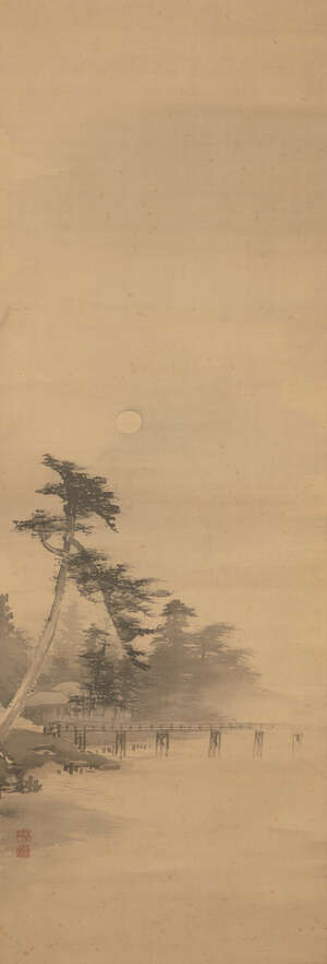
	
		A Japanese hanging scroll, 19th century, ink on paper, depicting a moonlit lakeside,...