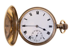 
	
		A 9ct gold hunter-cased keyless lever pocket watch, the white enamel dial with Roman...