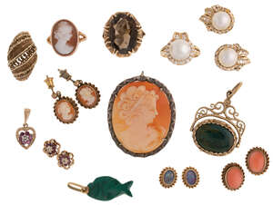 
	
		A group of jewellery, comprising: a diamond cultured pearl ring and pair of earrings,...