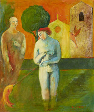 
	
		Emma Turpin, 
		British b.1964 - 
		 
		Catching Fish, 1990; 
		 
		oil on board, signed...