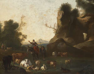 
	
		Circle of Nicolaes Pietersz Berchem, 
		 
		Dutch 1620-1683- 
		 
		A pastoral...