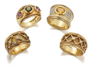 
	
		Four diamond and gem-set rings, comprising: two diamond set rings of trellis design,...