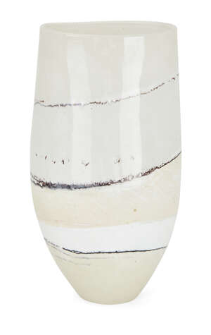 
	
		Marianne Buss, b.1967, a white glass vase, 2005, 
		with black spiral streaks, incised...