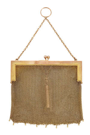 A 9ct gold mesh purse, with polished rectangular frame and bead detail, suspended from a chain, Birmingham import hallmarks, 1908, 118.8g, together with a slid