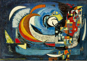 Pierre de Berroeta,
		French 1914-2004-
		 
		Composition Dynamique, 1958;
		 
		oil on canvas, signed and dated 58 lower right, 81 x 116cm (unframed) (