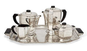 A French Art Deco silver plated coffee and tea set, by Argental, circa 1930, each part stamped...