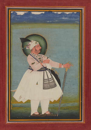 
	
		Portrait of nobleman holding a khanda, Mewar, Rajasthan, 19th century, opaque pigments on...