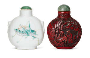 
	
		A Chinese porcelain snuff bottle and a cinnabar lacquer-type snuff bottle, 19th-20th...