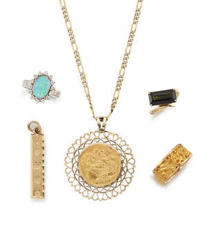 A group of jewellery, comprising: a pendant mounted,  sovereign necklace; an  oval opal doublet and diamond cluster ring; a rectangular-cut green tourmaline ri