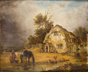 
	
		Edmund Bristow, 
		British 1787-1876- 
		 
		Farmhouse with Peasants and a horse by a...