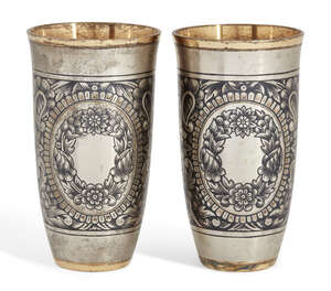 
	
		A pair of Russian silver niello liqueur cups, post 1956, Veliky Ustyug, Severnaya Chern...