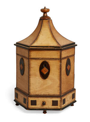 
	
		A late Regency satin birch hexagonal pagoda tea caddy, spoon drawer to base, 26cm high...