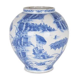 
	
		A large Delft blue and white chinoiserie decorated vase, 18th century, painted with...