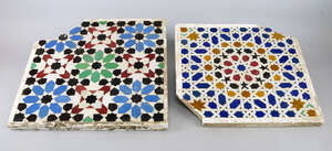 
	
		Two fragmentary coloured tile panels, in the manner of the Alhambra, probably 20th...