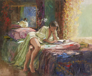 
	
		Bob Brown NEAC,
		British b.1936
		 
		Woman reading;
		 
		oil on canvas, signed,...