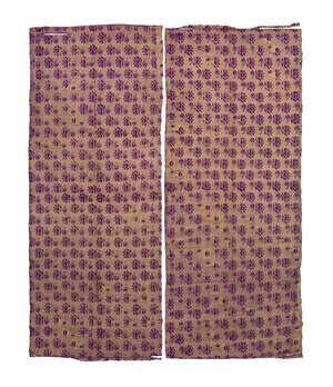 Two Mughal gilt metal thread embroidered panels of purple silk, India, late 18th century, with a repeating design of a flower heads with stalk and bud, 76 x 29