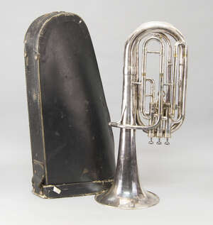 
	
		A silvered metal Besson horn, in a case, lacking mouthpiece, 64cm high

	

