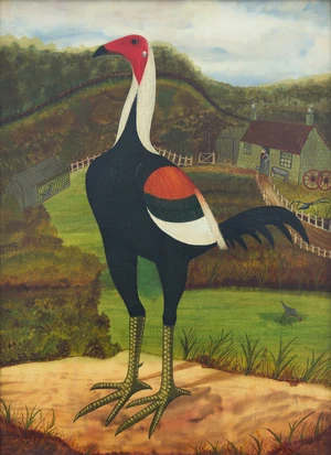 American Primitive School,&nbsp;20th century -&nbsp;Fowl with distant farm;&nbsp;oil on canvas, 56 x 41 cm