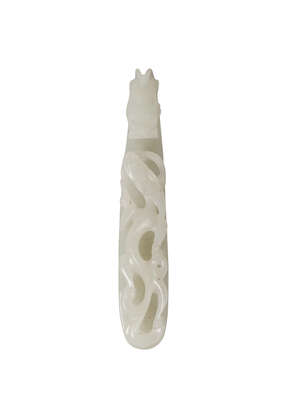 
	
		A Chinese pale green jade belt hook, Qing dynasty, late 19th century, carved with a...