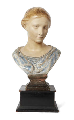 
	
		A cold-painted composite bust of a young woman, 19th century, her shawl painted in blue,...