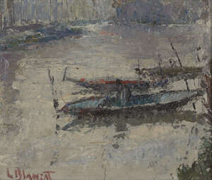 
	
		L Blanzat, 
		French, mid-20th century- 
		 
		Moored boats in Venice; 
		 
		oil on...