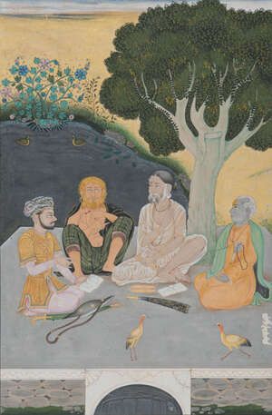 
	
		A prince and sadhus in a landscape, India, 20th century, opaque pigments and gold on...