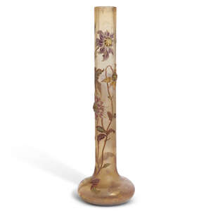 Emile Galle (1846-1904)
Tall Dahlias flower vase, circa 1900Amber glass, gilding, enamel and...