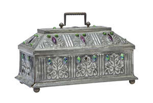 
	
		Arts & Crafts, an embossed pewter casket inset with glass cabochons, in the manner of...