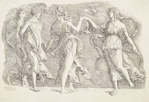 After Andrea Mantegna, 
		Italian 1431-1506- 
		 
		Four Dancing Muses, c.1497; 
		 
		etching on laid paper, bears pen inscription, and further inscrip