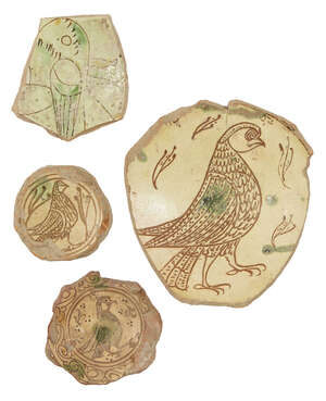 
	
		A fine large Byzantine scraffiato bowl fragment depicting a bird of prey, and three...