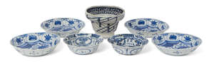 
	
		Three pairs of Japanese Arita porcelain bowls, 17th century, each painted in underglaze...