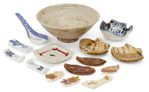 
	
		A collection of small Japanese studio pottery, 20th century, to include a pair of shell...