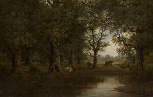 
	
		M Kaufman, 
		mid-late 19th century- 
		 
		Cows and horses grazing in wooded...