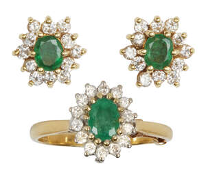 
	
		An emerald and diamond ring and pair of earrings, each of cluster design, centring on an...