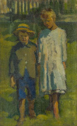 
	
		Hilda Fearon ROI, 
		British 1878-1917 - 
		 
		Study of two children; 
		 
		oil on...