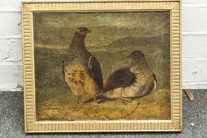 
	
		British School, 
		early 19th century-
		 
		Two partridges in a landscape;
		 
		oil...