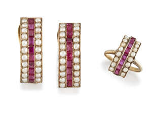 A seed pearl and synthetic ruby ring and pair of earrings, each of curved panel design, the central line of baguette-cut synthetic rubies with seed pearl borde
