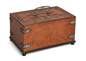 
	
		A French satinwood and cut-steel decorated letter box, early 19th century, the top inlaid...