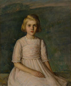 Harry Farlow, 
		American 1882-1956- 
		Portrait of a Margaret Hildt, seated three-quarter length, turned to the right in a pink dress; 
		oil on canvas, si