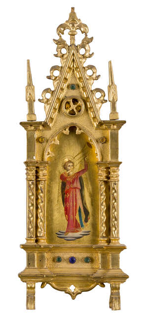 After Fra Angelico, 
		Italian 1395-1455- 
		 
		Heralding angel with a trumpet; 
		 
		oil on gold ground on panel held within a tabernacle-style frame