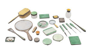 A collection of Art Deco silver enamel powder compacts, together with enamel cigarette boxes, brush, mirror and further items, all in shades of green and yello