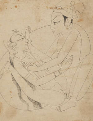 
	
		A drawing of an erotic embrace, Kishangarh, Rajasthan, India, 18th century, ink on paper,...