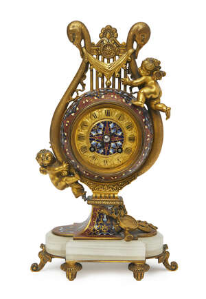 
	
		A French gilt bronze and enamel lyre shaped clock, late 19th century, the lyre applied...