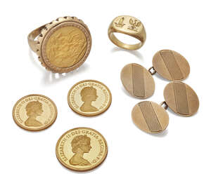 
	
		Two half Sovereigns and two Sovereigns, one mounted as a ring, a pair of 9-carat gold...