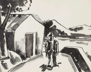 
	
		RETURN Josef Herman OBE RA, 
		Polish/British 1911-2000 - 
		 
		Man on a road;...
