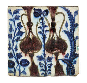 
	
		A Mamluk pottery tile with ewers, Egypt, 14th century, of square form, decorated in...