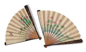 
	
		Two Japanese painted paper fans, Meiji period, each with lacquer guard sticks decorated...