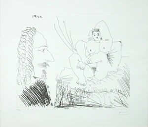 Pablo Picasso,&nbsp;Spanish 1881-1973,&nbsp;Female nude with artist, 1968;&nbsp;etching on wove,&nbsp;signed in pencil...