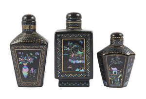 
	
		Three Chinese black lacquer mother-of-pearl inlaid snuff bottles, Republic period, each...